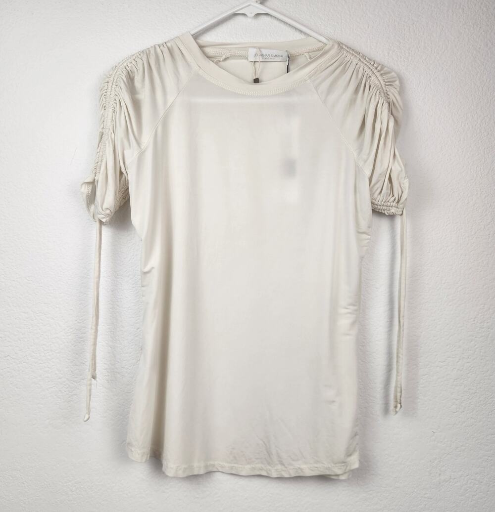 Jonathan Simkhai Short Sleeve Cream Shirt Ruched Shoulders Size Small NWT